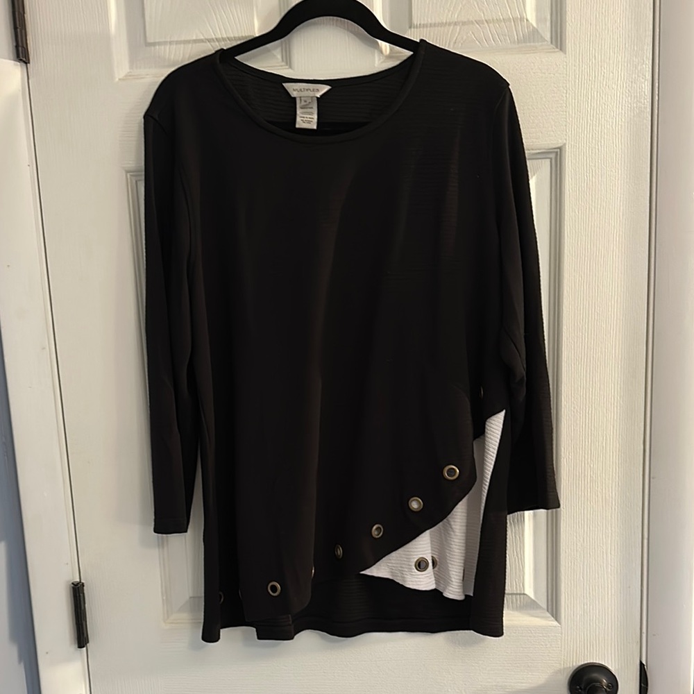 Multiples Black and White Long Sleeve Top with antique gold/bronze grommets